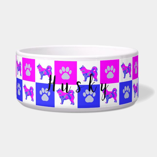Husky Silhouette Dog & Paw Hot Pink &Blue Pet Bowl (Front)