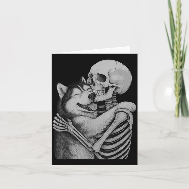 Husky Skeleton Hug Halloween Dog Lover Card (Front)