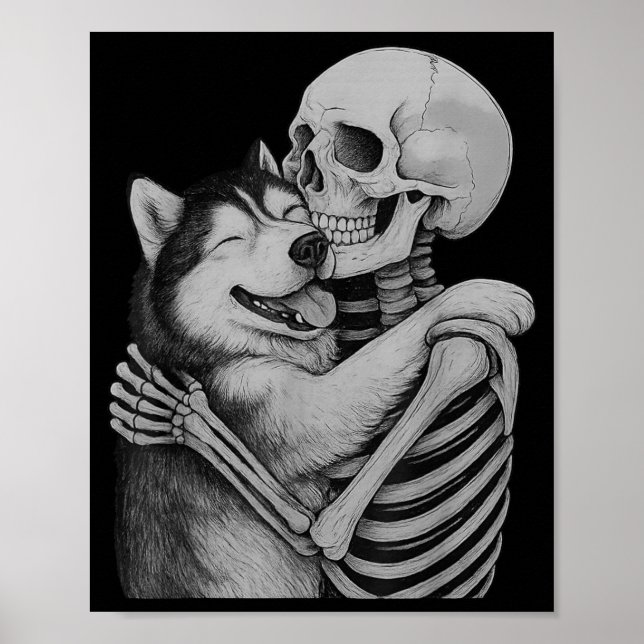 Husky Skeleton Hug Halloween Dog Lover Poster (Front)