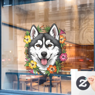 Husky Sled Dog And Colorful Mirablis Flowers