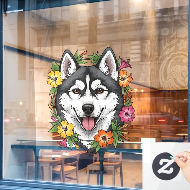 Husky Sled Dog And Colourful Mirablis Flowers (Cafe Window)