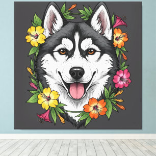 Husky Sled Dog And Colourful Mirablis Flowers Canvas Print