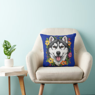 Husky Sled Dog And Colourful Mirablis Flowers Cushion