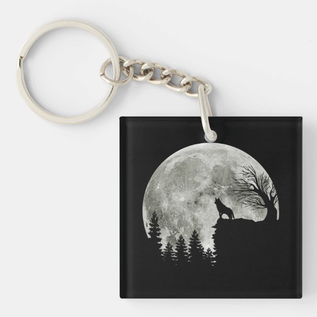 Husky Stand On Mountain Spooky Halloween Moon Key Ring (Front)