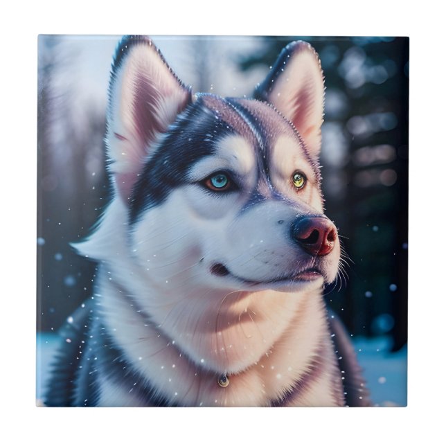 Husky Stares into Winter Tile (Front)