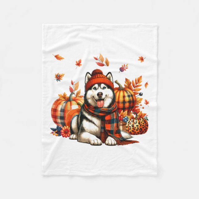 Husky Thanksgiving Leopard Pumpkins Fall Leaves Lo Fleece Blanket (Front)