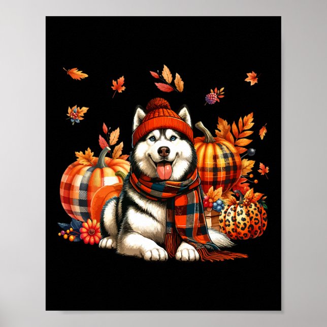 Husky Thanksgiving Leopard Pumpkins Fall Leaves Lo Poster (Front)