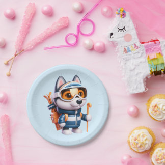 Husky the Adventurous Skier Paper Plate