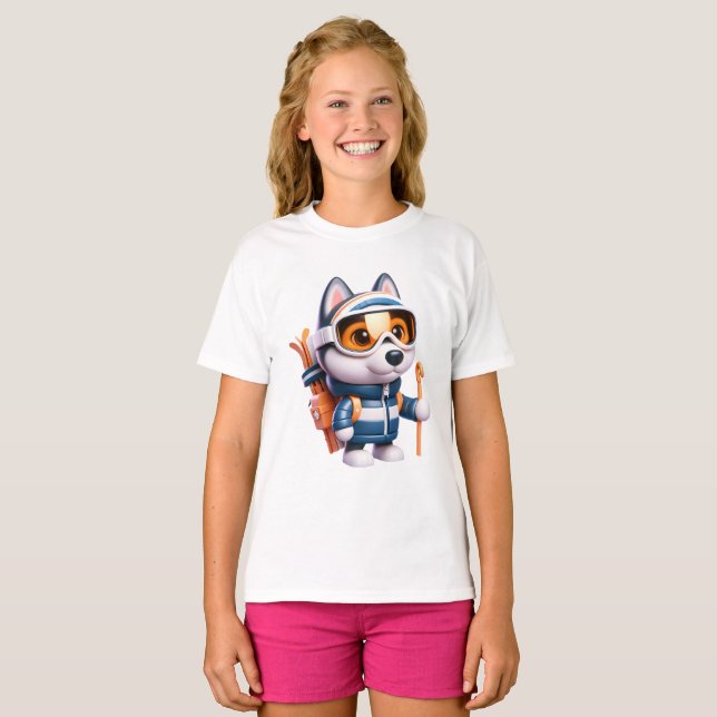 Husky the Adventurous Skier T-Shirt (Front Full)