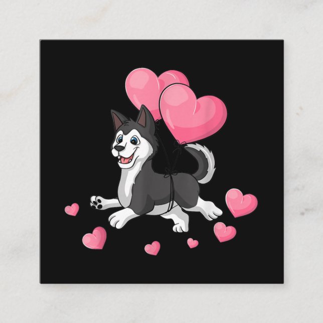 Husky Valentines Day Holding Balloon Heart Gift Square Business Card (Front)