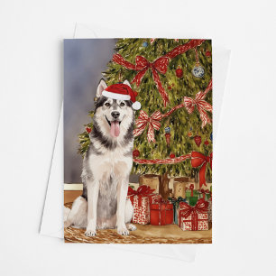 Husky Watercolor Under the Christmas Tree Card