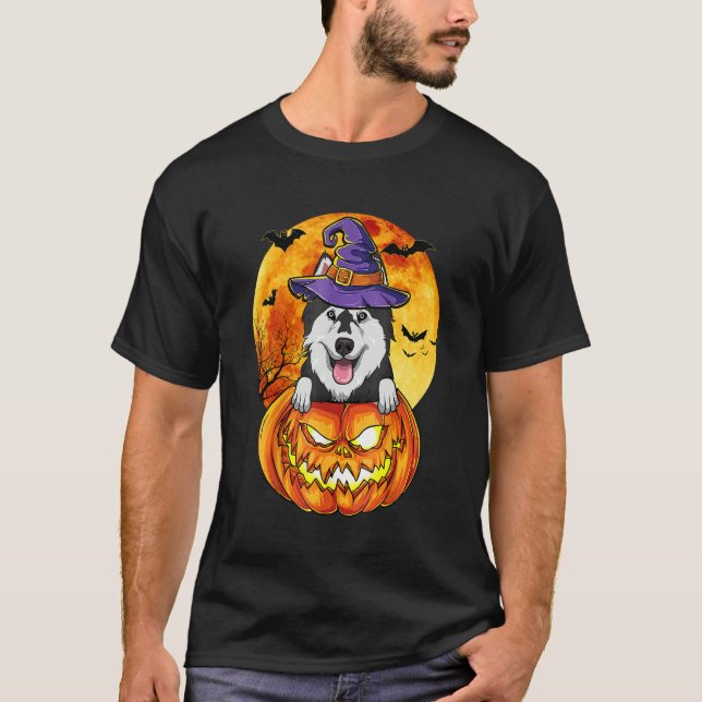 Husky Witch Pumpkin Halloween Dog T-Shirt (Front)