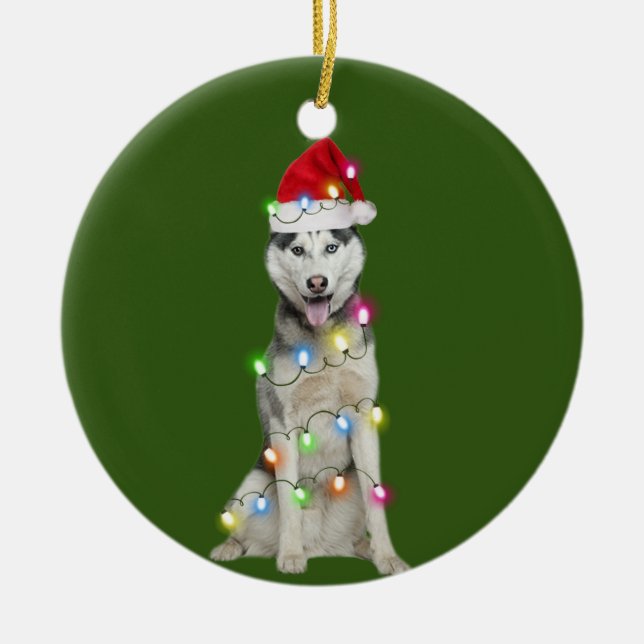 husky With Christmas Scafts Santa Hat Gift Ceramic Tree Decoration (Front)