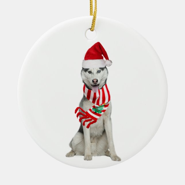 Husky With Hat Scaft Christmas Ceramic Tree Decoration (Front)