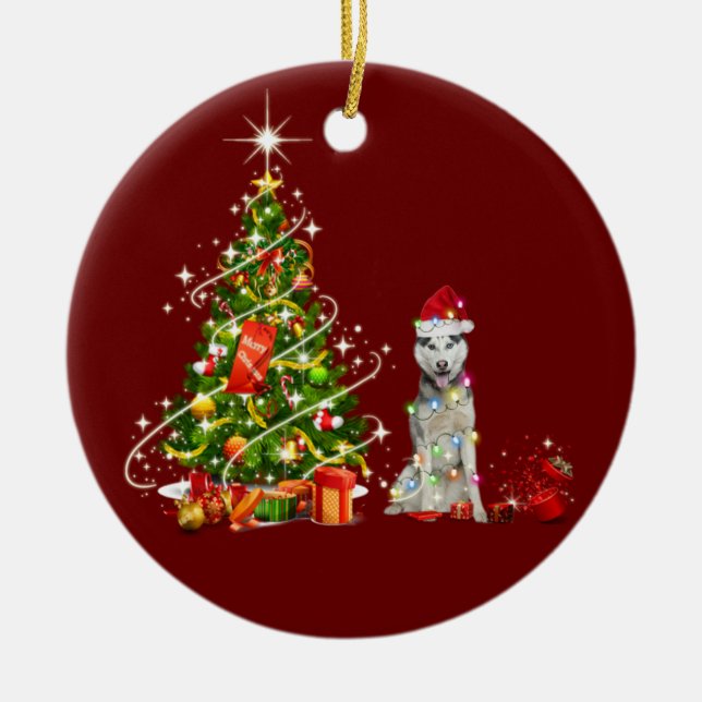 Husky With Hat Scaft Christmas Ceramic Tree Decoration (Front)