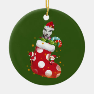 Husky With Hat Sock Christmas Ceramic Tree Decoration