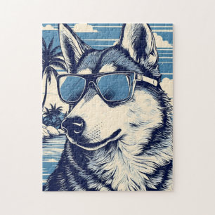 Husky with Sunglasses at the beach Jigsaw Puzzle