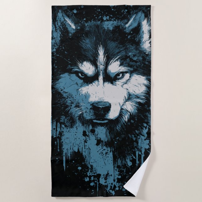 Husky Wolf Grunge Head Beach Towel (Front)