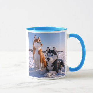 Huskys in a snowy landscape. mug