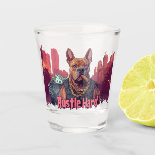 Hustle Hard - Pitbull Dog with Money and Cigar Shot Glass