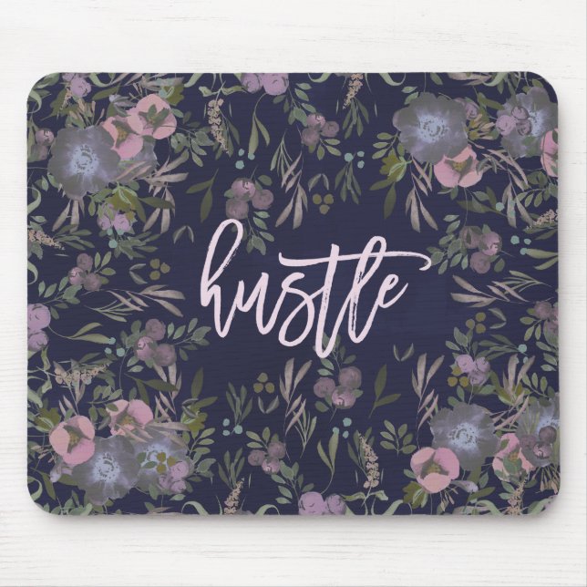 Hustle | Navy Blue with Modern Smoky Florals Mouse Pad (Front)