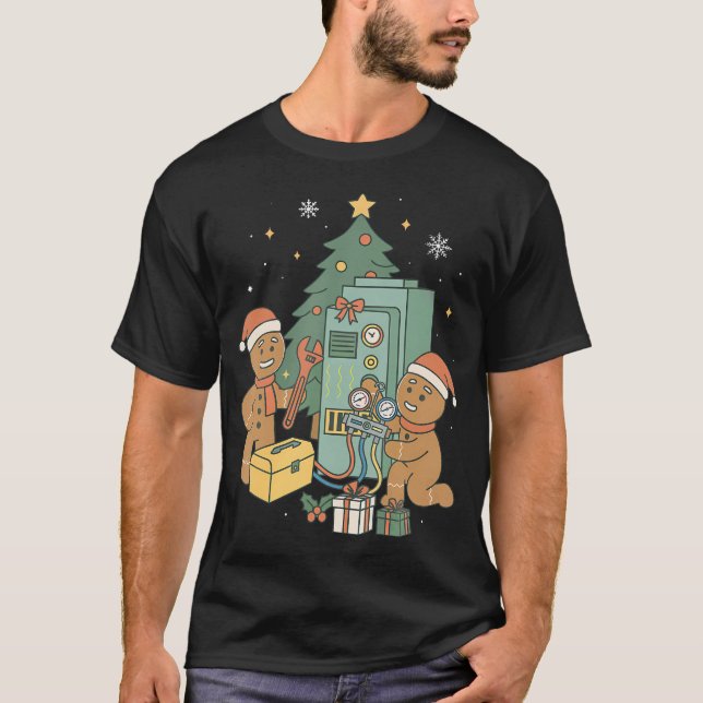 Hvac Gingerbread Christmas Technician Construction T-Shirt (Front)
