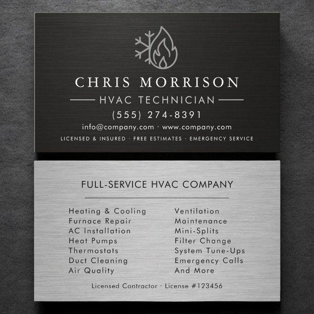 HVAC Heating and Air Black Steel Metallic Business Card (Creator Uploaded)