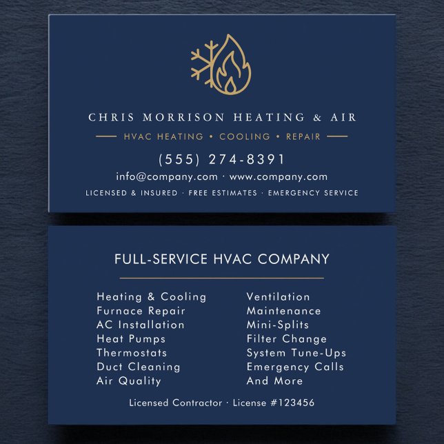 HVAC Navy Blue Gold Modern Business Card (Creator Uploaded)