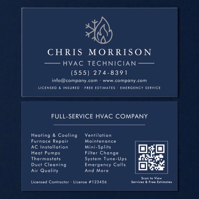 HVAC Navy Blue Silver QR Code Business Card (Creator Uploaded)