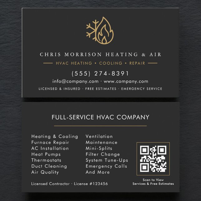 HVAC Services Black Gold QR Code Business Card (Creator Uploaded)