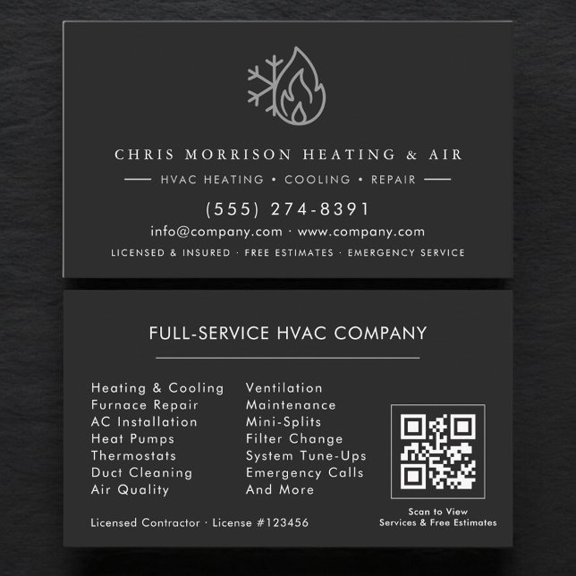 HVAC Services Black Silver QR Code Business Card (Creator Uploaded)