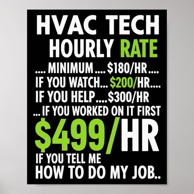 Hvac Technician Hourly Rate Funny Work For Men Wom Poster (Front)