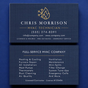 HVAC Technician Navy Blue Gold Linen Business Card