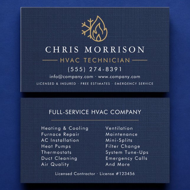 HVAC Technician Navy Blue Gold Linen Business Card (Creator Uploaded)