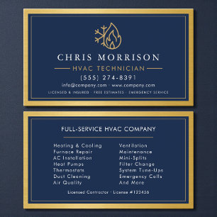 HVAC Technician Navy Blue Gold Metallic Business Card