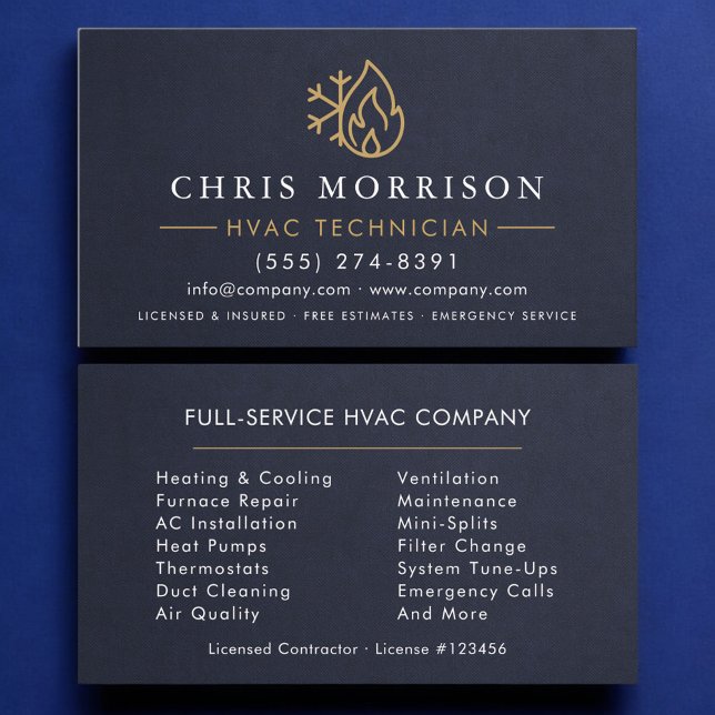 HVAC Technician Navy Blue Gold Modern Business Card (Creator Uploaded)