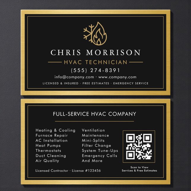 HVAC Technician QR Code Gold Metallic Business Card (Creator Uploaded)