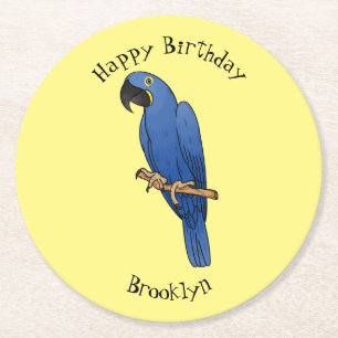 Hyacinth macaw bird cartoon illustration round paper coaster