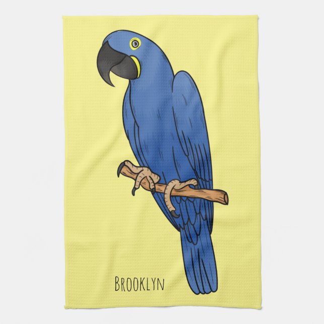 Hyacinth macaw bird cartoon illustration tea towel (Vertical)