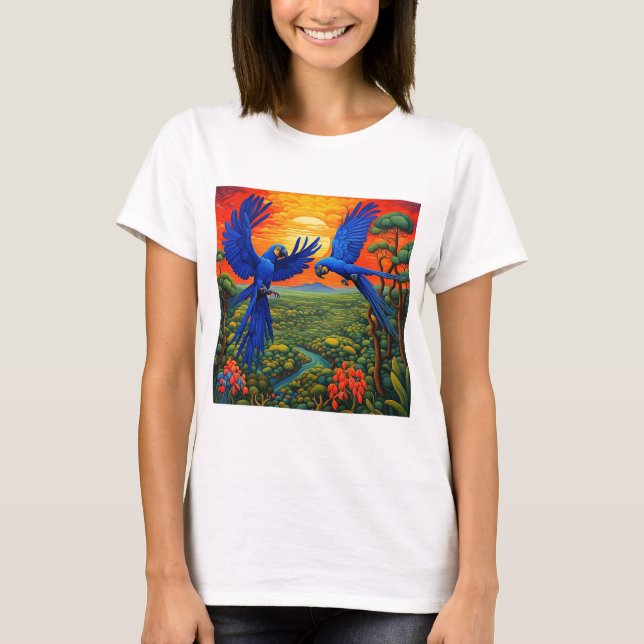 Hyacinth Macaws over jungle trees T-Shirt (Front)
