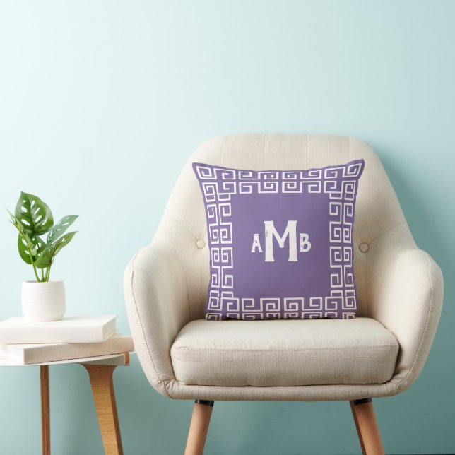 Hyacinth Purple Reverse Greek Key Border Monogram Cushion (Chair)
