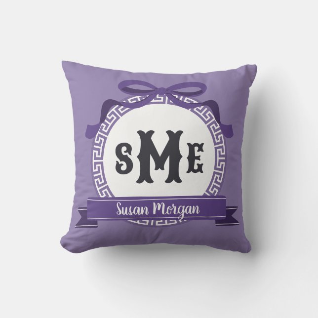Hyacinth Purple Reverse Greek Key Bow Monogram Cushion (Front)