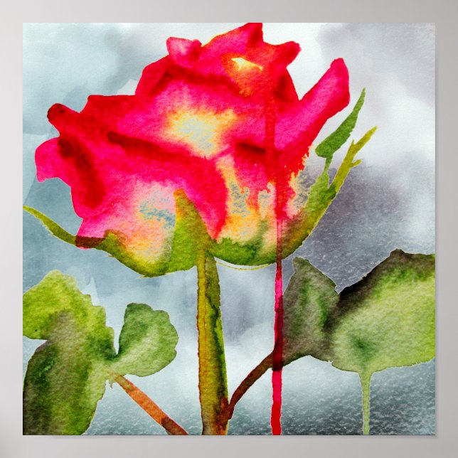 Hybrid Tea Rose pop art watercolor modern flower Poster (Front)
