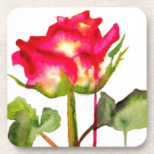 Hybrid Tea Rose watercolor modern flower art Coaster