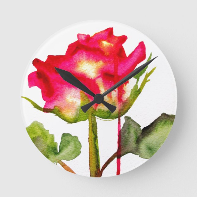 Hybrid Tea Rose watercolor modern flower art Round Clock (Front)