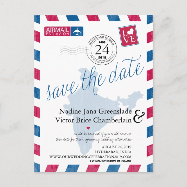 Hyderabad, India Airmail Wedding Save The Date Announcement Postcard (Front)