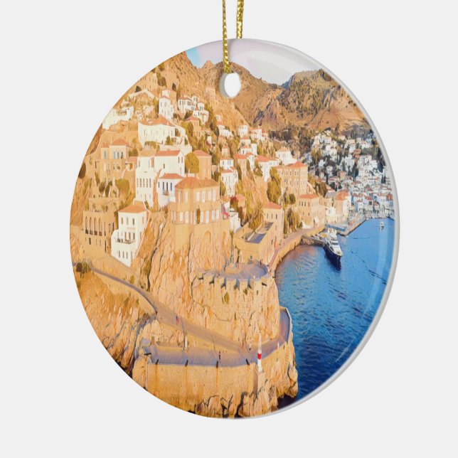 HYDRA - Castle of Kavos - harbour Ceramic Tree Decoration (Left)