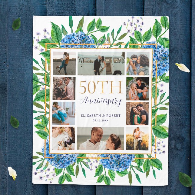 Hydrangea 50th Anniversary Custom Photo Collage Fleece Blanket (Creator Uploaded)