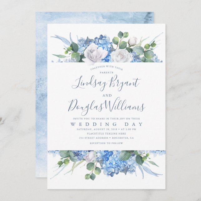 Hydrangea and Greenery Dusty Blue Floral Wedding Invitation (Front/Back)