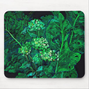 Hydrangea and Horseradish Floral Art Black & Green Mouse Pad